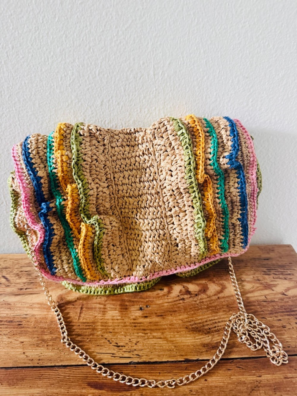 Anthropologie Maeve Multicolor Ruffle Purse Gold Chain Bag - Picture 6 of 8